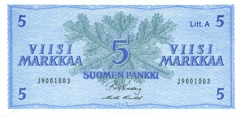 5 Markkaa 1963 Litt.A J9001803 kl.6